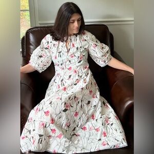 Beautiful Floral Midi Dress in White, Pink, and Green. 100% cotton